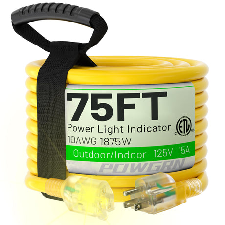 POWGRN 75 Ft 10/3 Outdoor Extension Cord Waterproof Heavy Duty 10 Gauge 3 Prong, Flexible Cold-Resistant Long Power Cord Outside with Lighted Indicator End, 15Amp 1875W SJTW Yellow ETL Listed POWGRN