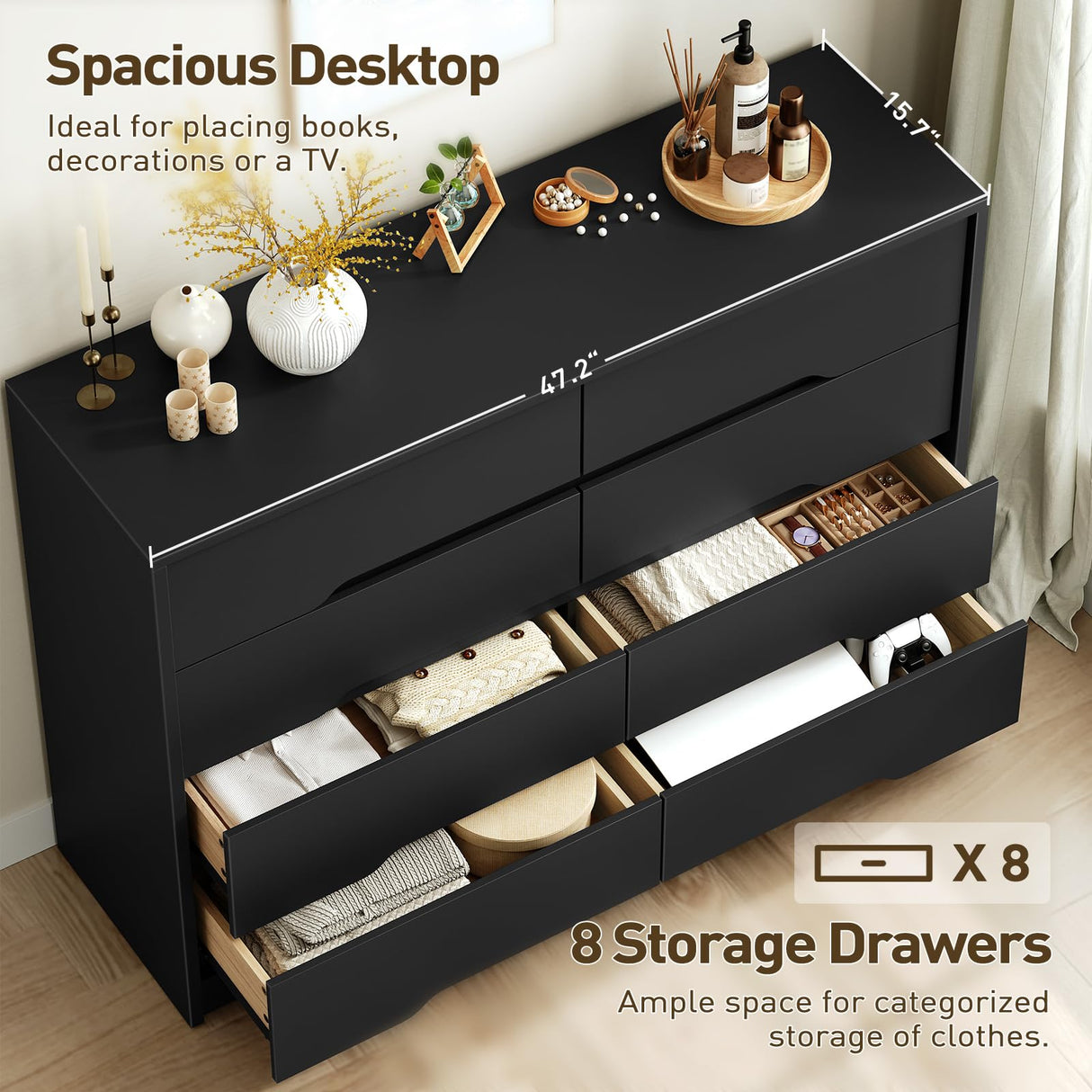 RALGEND 8 Drawer Dresser for Bedroom, White Double Chest of Drawers, Modern Wooden Dresser with Handless Design, Minimalism Style, for Bedroom, Living Room, Hallway, Entryway, Black RALGEND