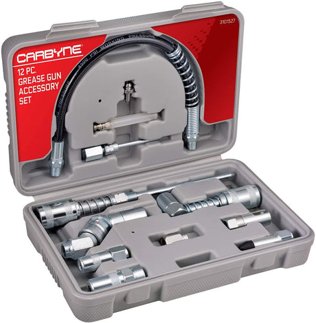 Carbyne 12 Piece Grease Gun Accessory Set | All-in-One Set: Couplers, Nozzles, Adapters and Flex Hose with Durable Storage Case • from a Family-Run Tool Company Based in The U.S.A. Carbyne