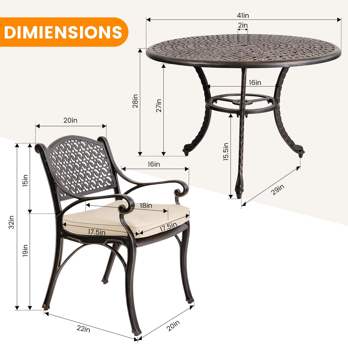 Mazatzal 5-Piece Patio Dining Set, Outdoor All-Weather Cast Aluminum Furniture Set with Umbrella Hole, Outside Table and Chair Set with Cushions, Large Metal Table and Patio Chairs for Patio Garden Mazatzal