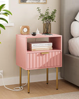 Aienvey Night Stand with Charging Station, Fluted Bedside Table with Gold Frame, Side Table with Drawer and Shelf for Bedroom, Living Room, Pink Aienvey