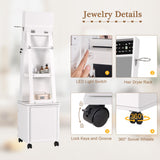 VECELO Jewelry Cabinet Standing Full Length Mirror with Interior LED Lights, 360° Swivel Lockable Jewelry Armoire with Bottom Cabinet Back Storage Shelf and Four Wheels, White VECELO