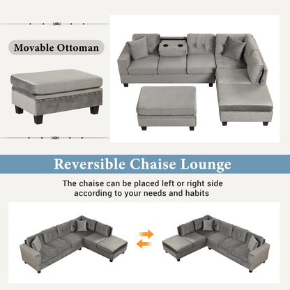 P PURLOVE Sectional Sofa Couch with Reversible Chaise and Ottoman, Polyester L-Shape Couch with 2 Pillows and Cup Holder, Sectional Sofas for Living Room (Gray)