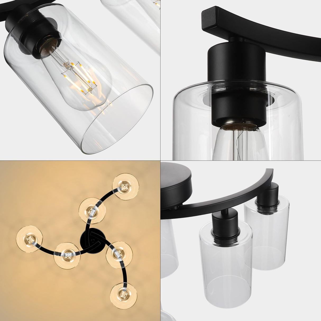 CNRATYE 6-Light Modern Farmhouse Black Chandelier, Contemporary Dining Room Light Fixture, Adjustable Height Hanging Industrial Pendant Lights Kitchen Island, Clear Glass Shade CNRATYE