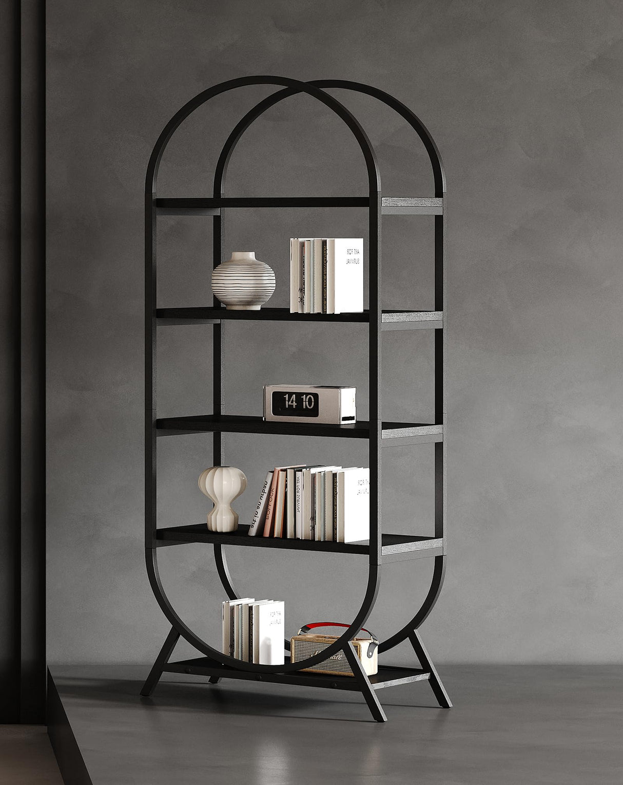 Kogven Bookshelf Arched Bookcase, Industrial 5 Tier Open Book Shelves with Metal Frame, 72" Tall Freestanding Display Rack for Home Office, Living Room, Black Kogven
