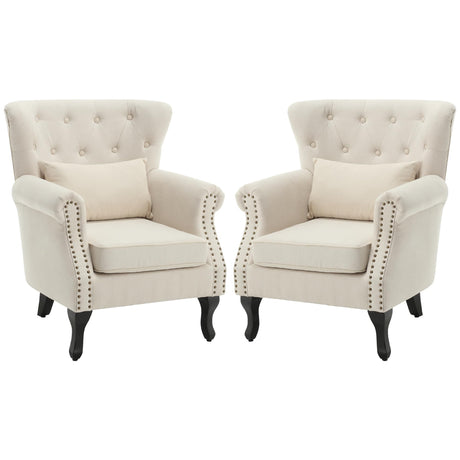 ABET Linen Wingback Chair Set of 2, Upholstered Club Chair for Living Room, Modern Rivet Trim Accent Armchair with Removable Lumbar Pillow, Comfy Single Sofa for Living Reading Room, Beige ABET
