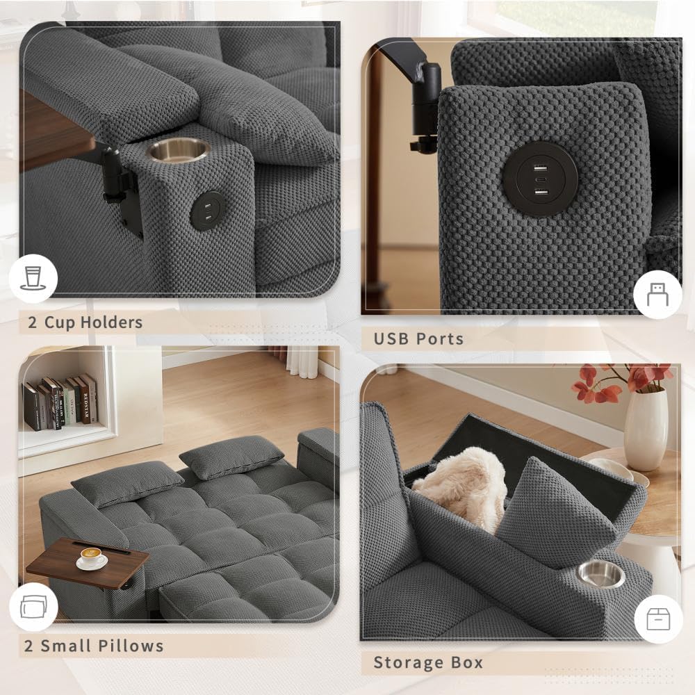 oaaktu ﻿ Large Size Convertible Sleeper Sofa Bed,Polka dot Velvet Pull Out Futon Couch with Storage handrails & Rotating Side Tables,Convertible Sofa Couch for Living Room,RV (Dark Grey) oaaktu