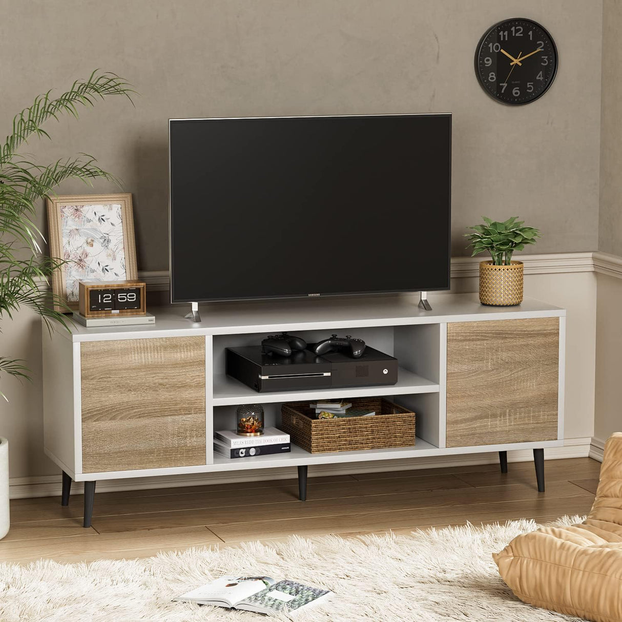 YESHOMY Modern TV Stand for 65" Television, Entertainment Center with Two Storage Cabinets, Retro Style Media Console for Living Room, Bedroom, Office, 58 Inch, White and Coffee YESHOMY