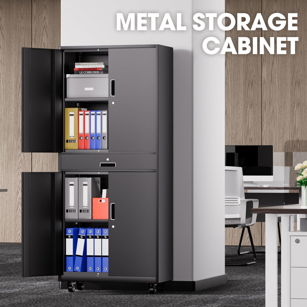 DNA MOTORING Metal Storage Cabinet, 73'' Rolling Garage Cabinet with 1 Drawer and Adjustable Shelves, Lockable Cabinet Heavy Duty Utility Cabinet for Garage,Office,Home,Gym, Black, TOOLS-00630-BK-BK DNA MOTORING