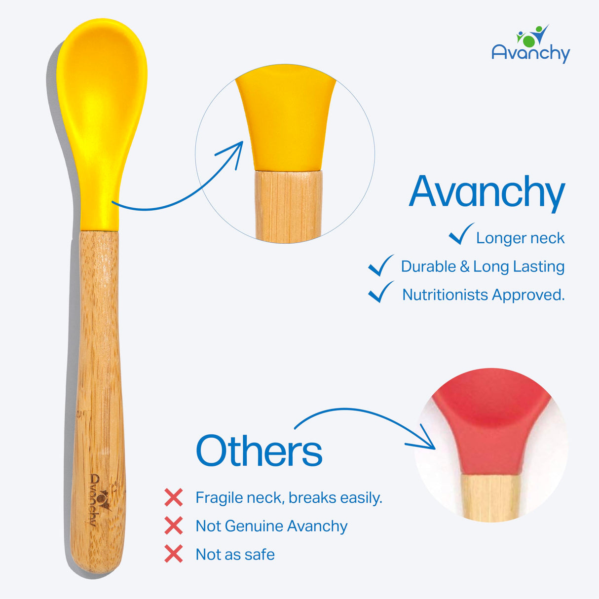 Avanchy Bamboo & Silicone Infant Training Spoons, BPA Free - Soft Tip, Easy on Gums, First Stage Feeding Utensils for Baby-Led Weaning, Self-Feeding, Orange Avanchy