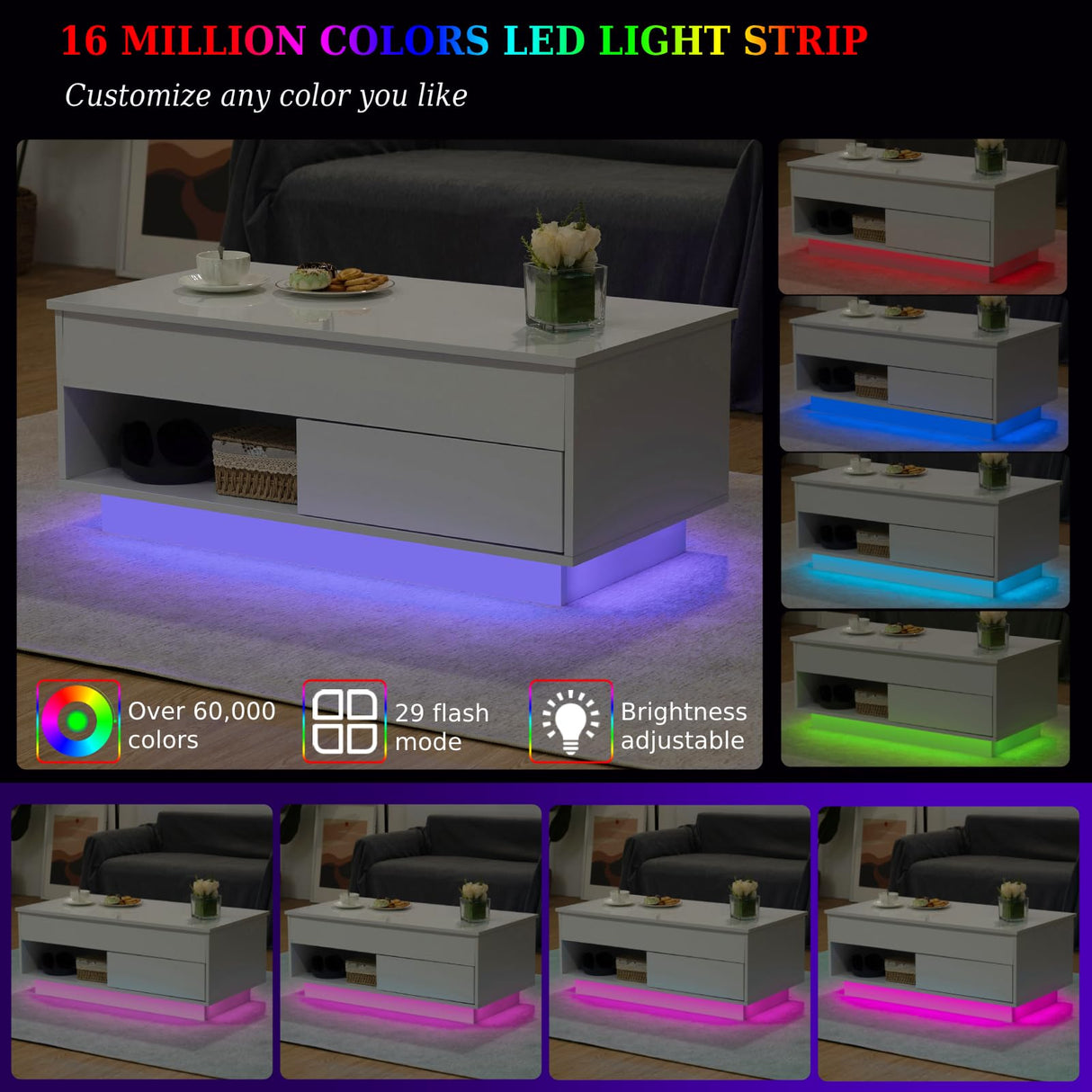 LED Coffee Table White Lift Top Coffee Table with Storage Modern Tea Table with Drawer Lift Up Dining Center Table with LED Light for Living Room Home Office HOMMPA
