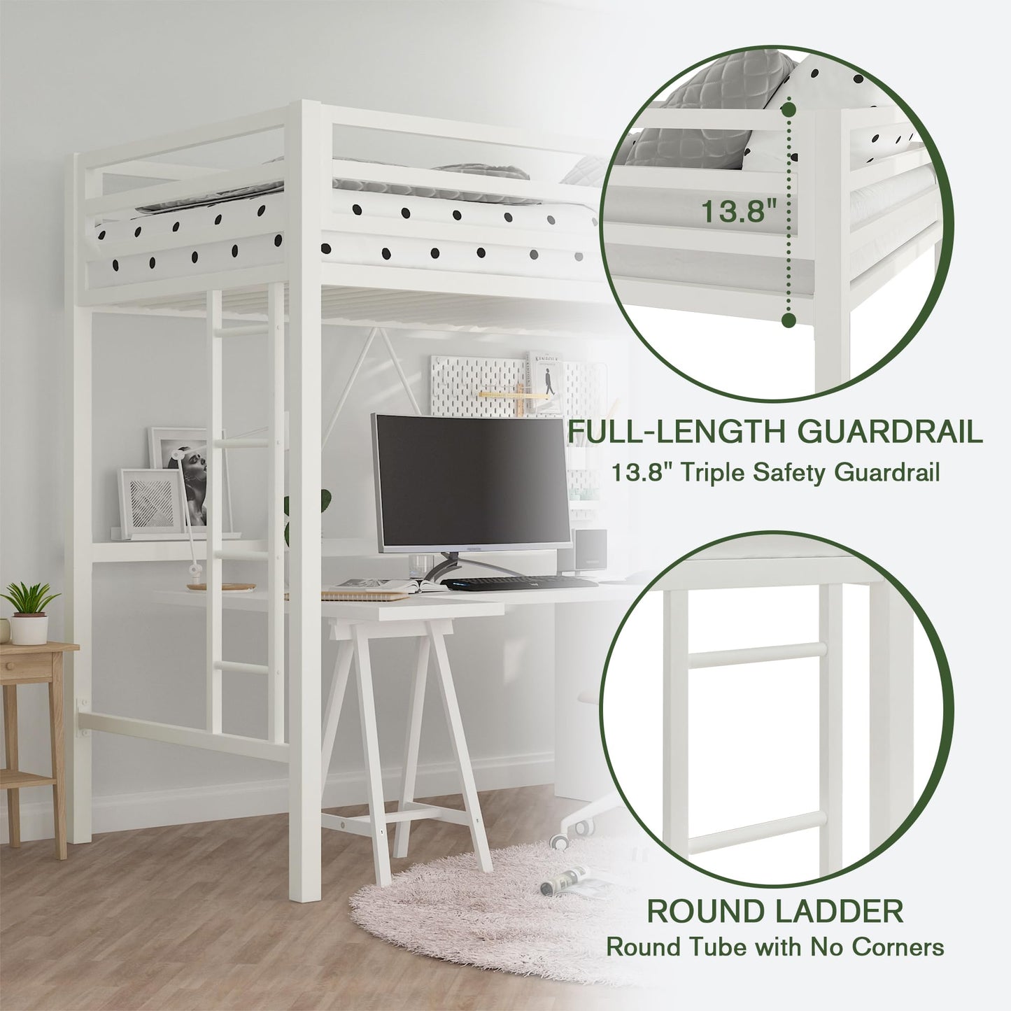 MUTICOR Twin Loft Bed Frame for Juniors and Adults with Safety Guardrail and Ladder,Metal Slats Support, Small Space Saving Furniture for Bedroom Kids Room and Dorm,White