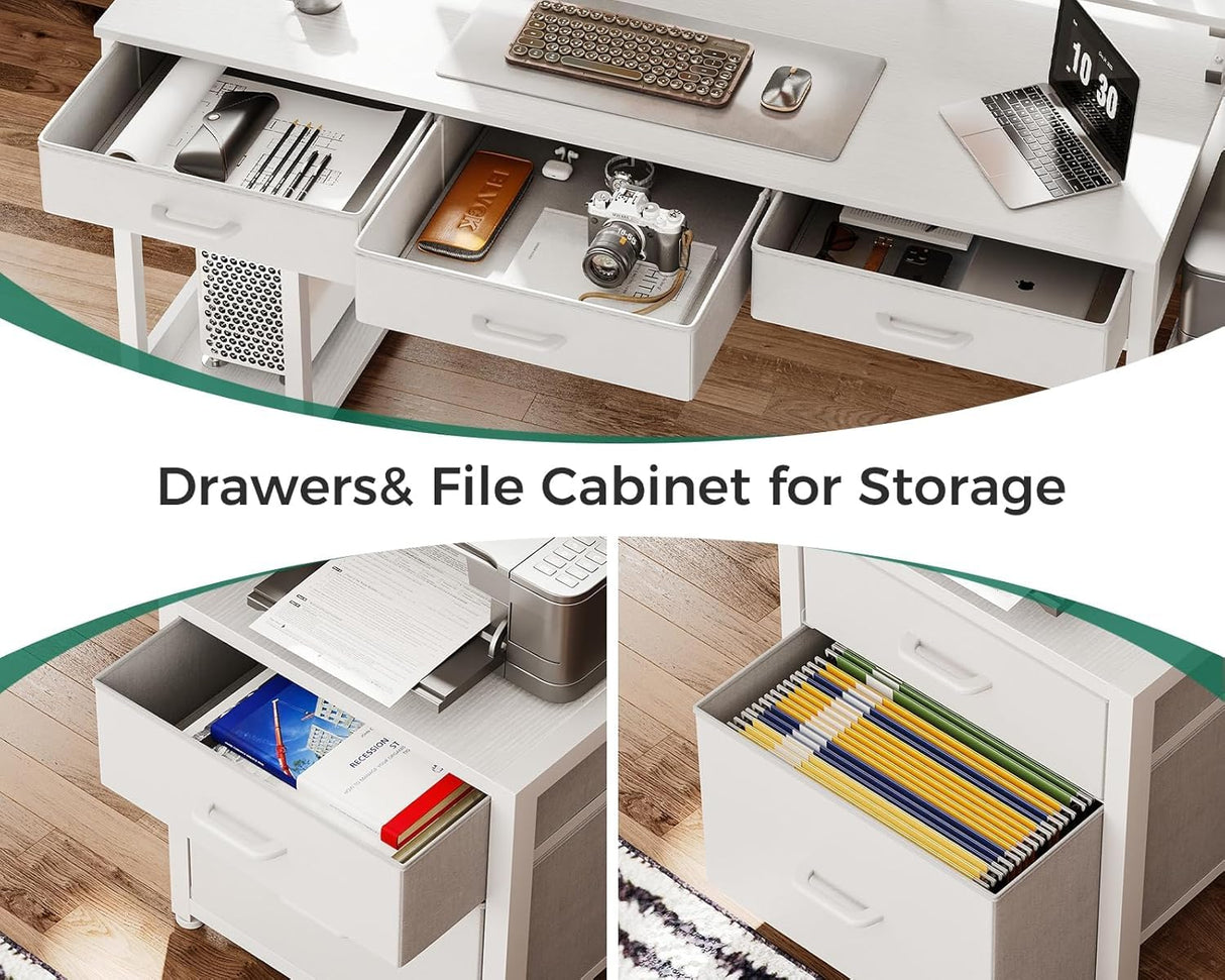 AODK 55 Inch Computer Desk with 3 Drawers and File Cabinet for Storage, Office Desk with Monitor Stand and LED Lights, Home Office Desks, White AODK