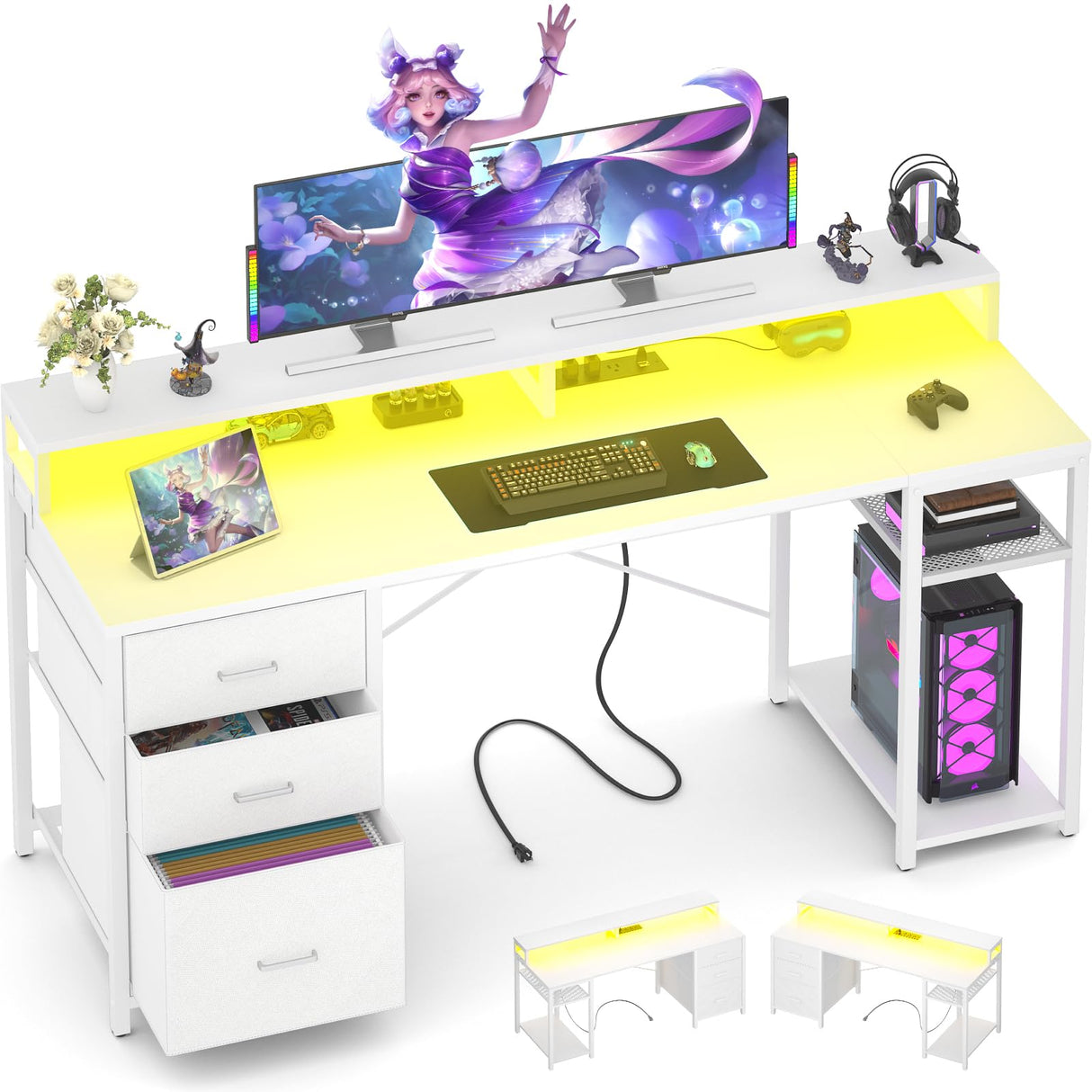 Aheaplus Gaming Desk with LED Lights and Power Outlets, 59 inch Computer Desk with Fabric File Drawers, Home Office Desk with Monitor Stand and Storage Shelves, Writing Desk Work Desk, White Aheaplus