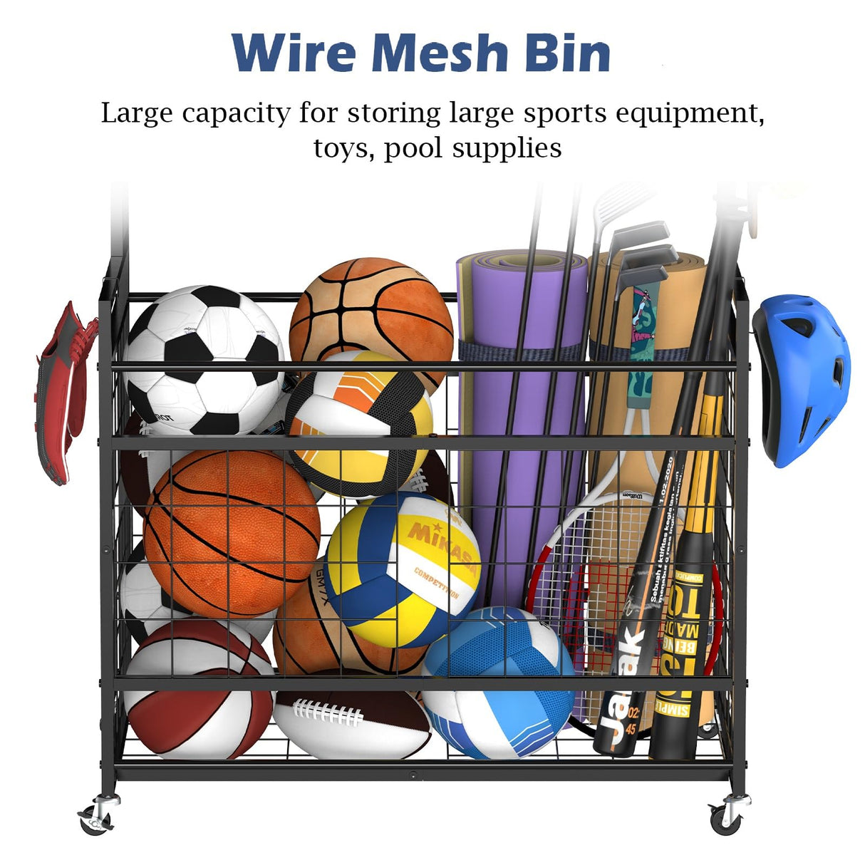 Sports Equipment Organizer Garage Basketball Ball Holder for Sports Gear and Toys Garage Ball Storage Rack Cart with Wheels and Hooks for Volleyball Football Basketball, Indoor/Outdoor, Black smusei