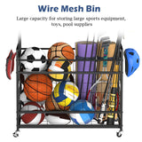 Sports Equipment Organizer Garage Basketball Ball Holder for Sports Gear and Toys Garage Ball Storage Rack Cart with Wheels and Hooks for Volleyball Football Basketball, Indoor/Outdoor, Black smusei