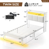 Rolanstar Bed Frame Twin Size with Charging Station and LED Lights, Upholstered Headboard with Storage Shelves, Heavy Duty Metal Slats, No Box Spring Need, Noise Free, Easy Assembly, White Rolanstar