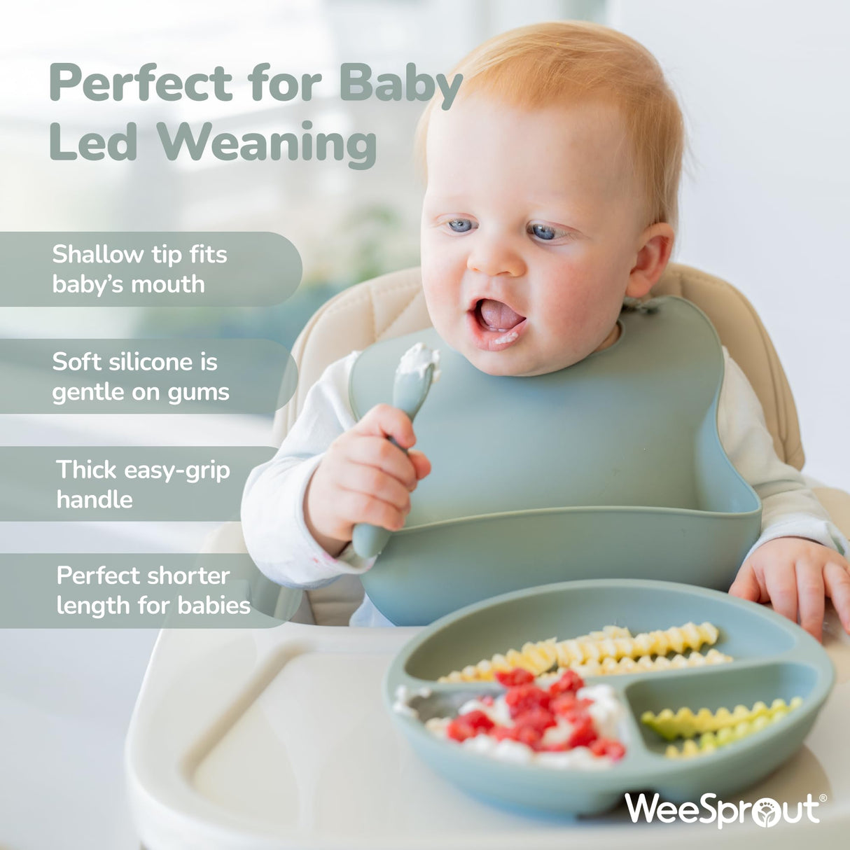 WeeSprout Baby Spoons for Self Feeding 6 Months +, Soft & Durable Silicone Utensils for Sensitive Gums & Teeth, Easy Grip Handles & Shorter Length for Little Hands, 3 Pack + Carrying Case WeeSprout