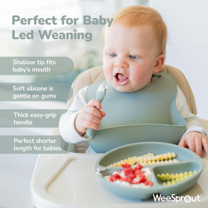 WeeSprout Baby Spoons for Self Feeding 6 Months +, Soft & Durable Silicone Utensils for Sensitive Gums & Teeth, Easy Grip Handles & Shorter Length for Little Hands, 3 Pack + Carrying Case