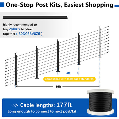 Zylorix 36" One-Stop Black Cable Railing Posts Kit(Super Easy DIY), Include 4Pack Stair Posts for 25-35°Stairway, 177ft Wire Rope, Complete Cable Railing System DIY Kit with Cutter(No Handrail)