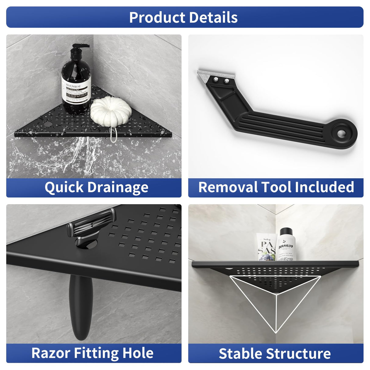 Bernkot 10'' Corner Shower Shelf w/Soap Holder, 304 Stainless Steel Grout in Shelf for Bathroom, Recessed Shelf Rack for Tiled Wall, No Drilling Needed (Black) Bernkot