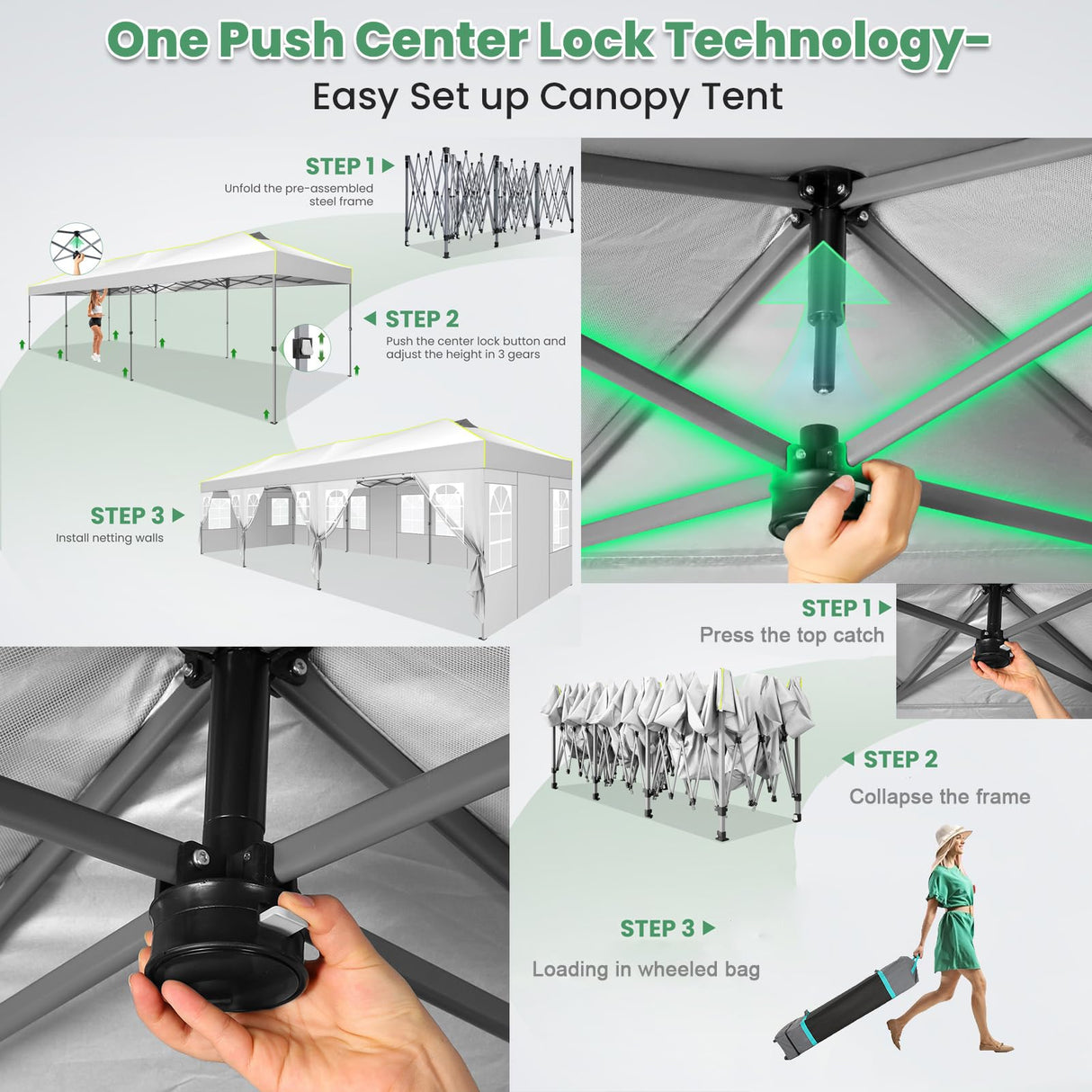 COBIZI 10x30 Pop Up Canopy with 8 Sidewalls, Canopy Tent for Parties, One Push Waterproof Commercial Wedding Canopy with Air Vent, UPF50+ Ez Outdoor Gazebo, Roller Bag, Sandbag, Stakes, Ropes, White COBIZI