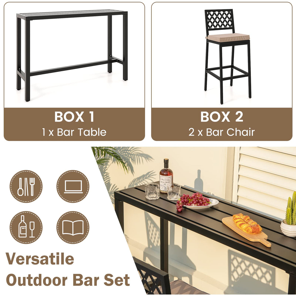 COSTWAY 3 Piece Outdoor Bar Table and Chairs Set, 55" Pub Height Bar Table & 2 Cushioned Bar Stools with Rhombus Backrest, Metal Patio Bar Table Set for Balcony, Backyard, Porch, Pool COSTWAY