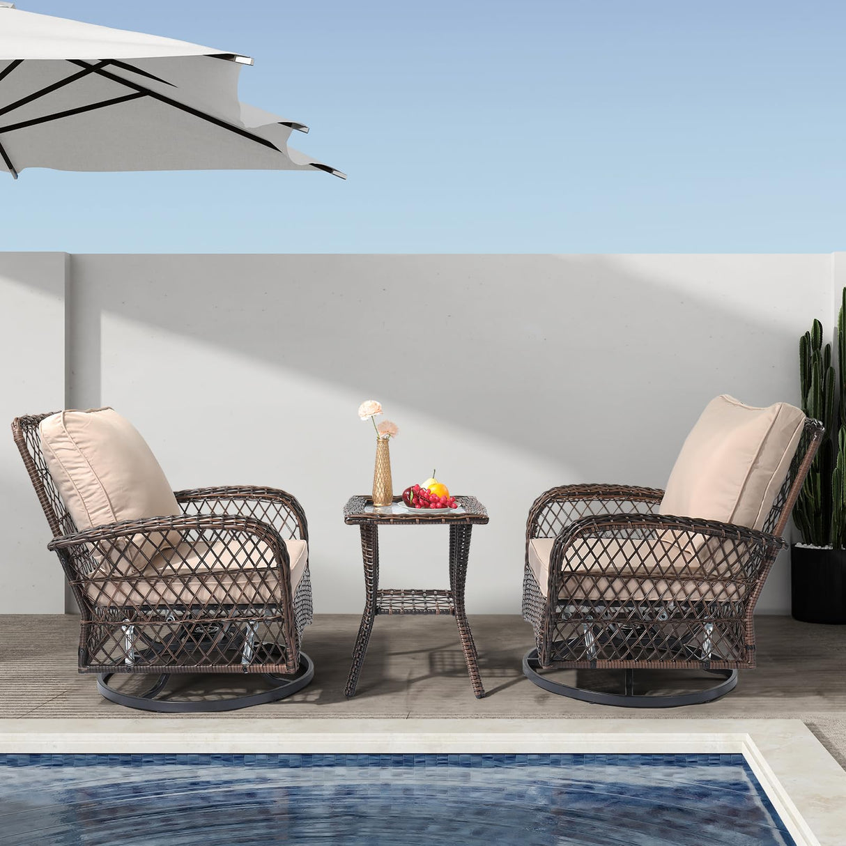 VINGLI 3 Pieces Outdoor Swivel Chairs Set of 2 and Side Table, Wicker Outdoor Rocking Chairs Patio Swivel Rocker Chairs Set for Porch Deck Backyard VINGLI