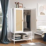 MtuxuYR Wardrobe Closet with Natural Rattan Doors Bedroom Armoires Closet Wardrobe Closets with Metal Frame Wooden Wardrobe Closet for Apartment Small Armoire for Office(White) MtuxuYR