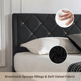 DUMGTIF Queen Size Platform Bed Frame with Velvet Upholstered Headboard and Sturdy Wooden Slats Support,Mattress Foundation，Easy Assembly, No Box Spring Needed,Slip Resistant (Black, Queen) DUMGTIF