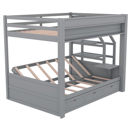 Full Over Full/Futon Bunk Bed with Storage Movable Stairs, Wood Bunkbed Full Size with 3 Drawers Convertible Couch Bed, Multi-functional Full Bed Frame for Kids Teens, No Box Spring Needed (Gray) CAPCAEK