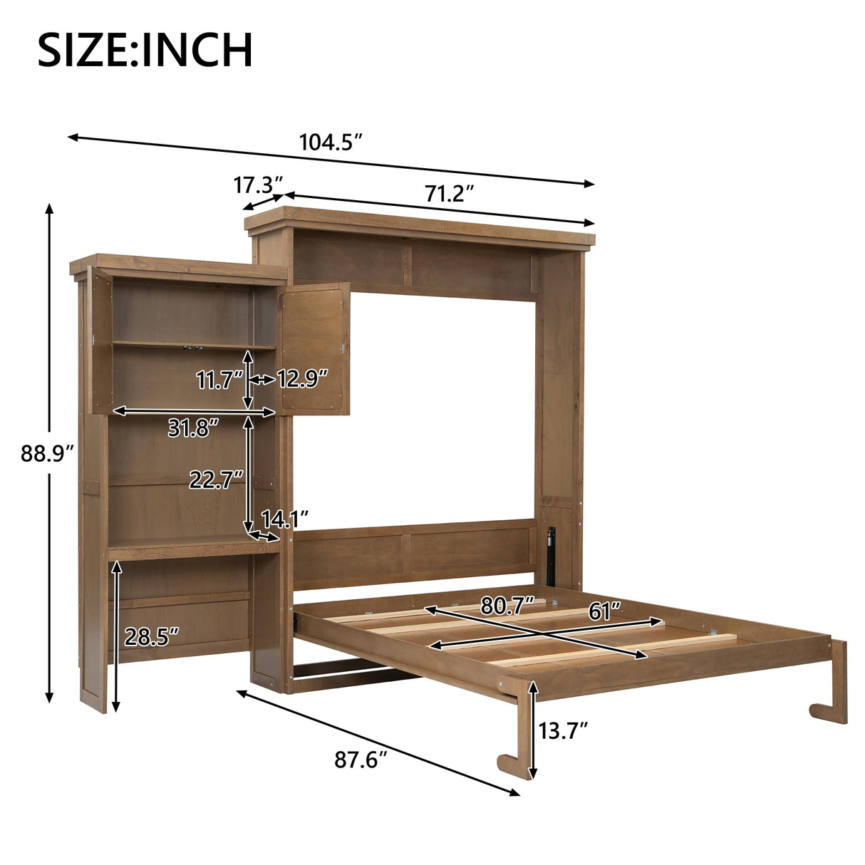Queen Murphy Bed with Desk and Storage Bookcase Shelves,Solid Wood Space-Saving Folding Murphy Wall Bed Cabinet with Storage Bookcase Shelves for Adults (Natural Wood) MERITLINE