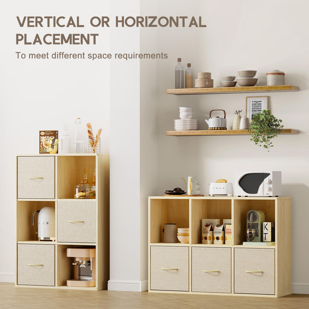 EXPERLAM 6 Cube Storage Organizer - Solid Wood Bookshelf with 3 Storage Bins, Cube Shelf with 2 Removable Back Panels, Vertical or Horizontal Bookcase, Open Book Shelf for Bedroom, Living Room, Office EXPERLAM