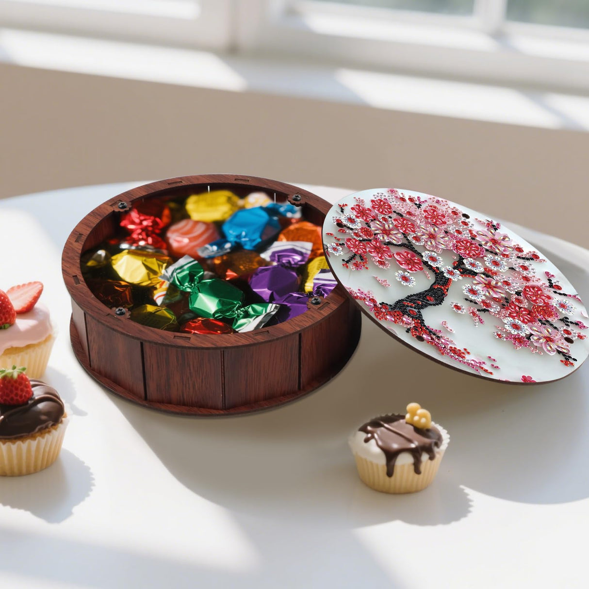 antor 5D Diamond Painting Snack Storage Box – Cherry Blossom Tree Design Round Wooden Container with Lid – Floral Elegant Crystal Rhinestone Art Craft Gift for Adults antor