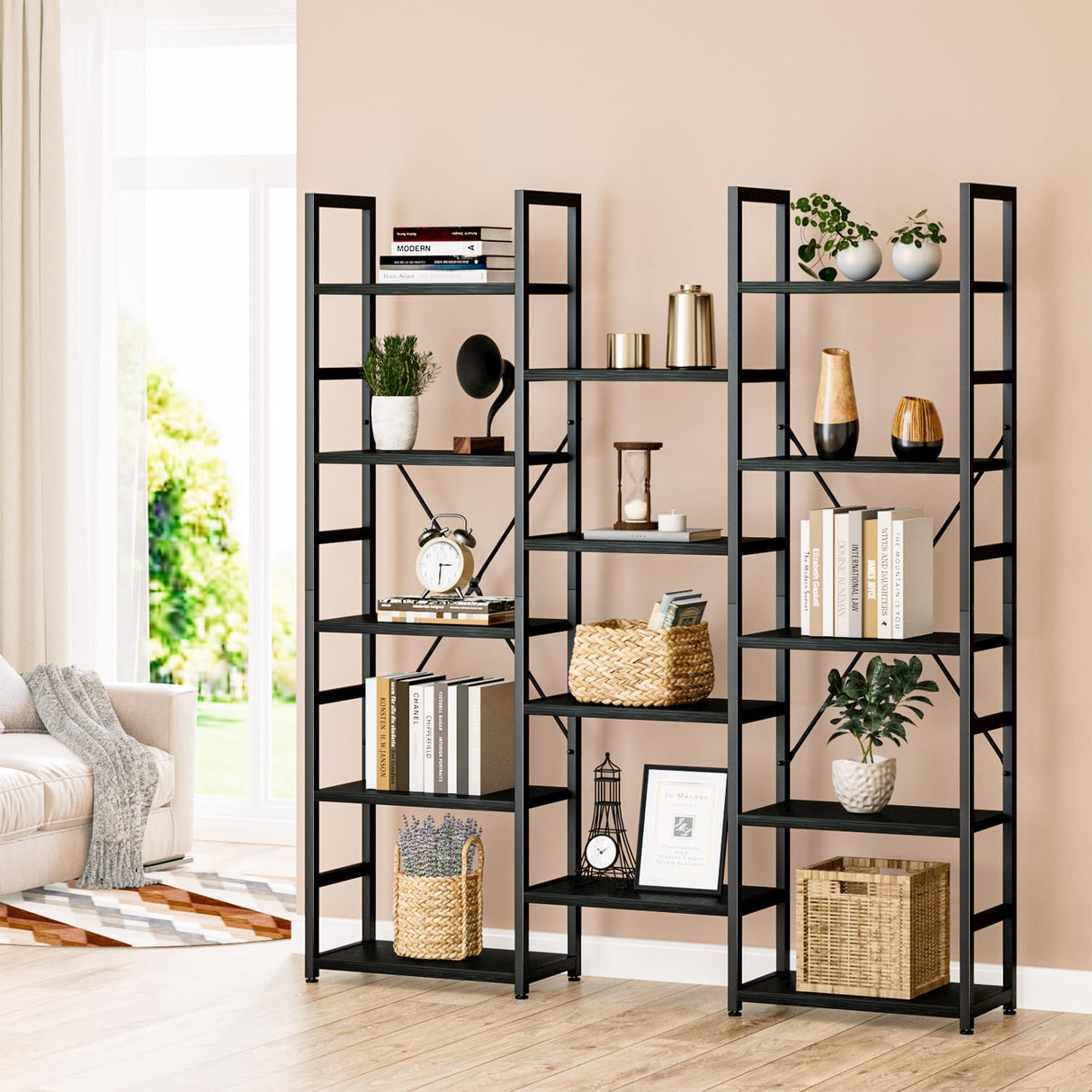 NUMENN Triple Column 5 Tier Bookshelf, Bookcase with 14 Open Display Shelves, Adjustable Rustic Industrial Style Book Shelves, Modern Bookshelves for Bedroom, Living Room and Home Office, Black NUMENN