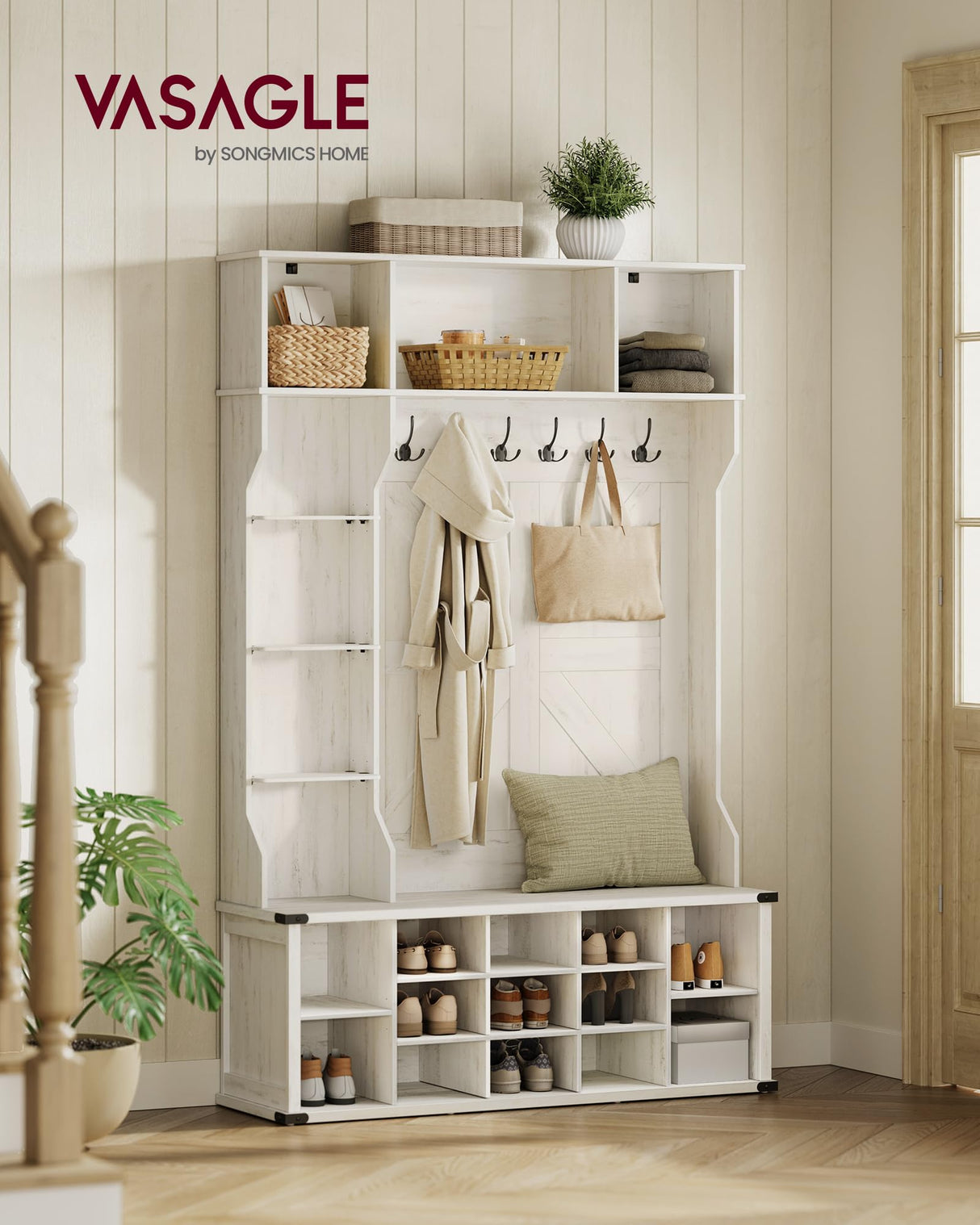 VASAGLE Hall Tree with Bench and Shoe Storage, Coat Rack with Shoe Bench, Entryway Furniture, 20 Open Compartments, 6 Tri-Hooks, Farmfouse Style, Space Saving, Rustic White UHSR440W01 VASAGLE