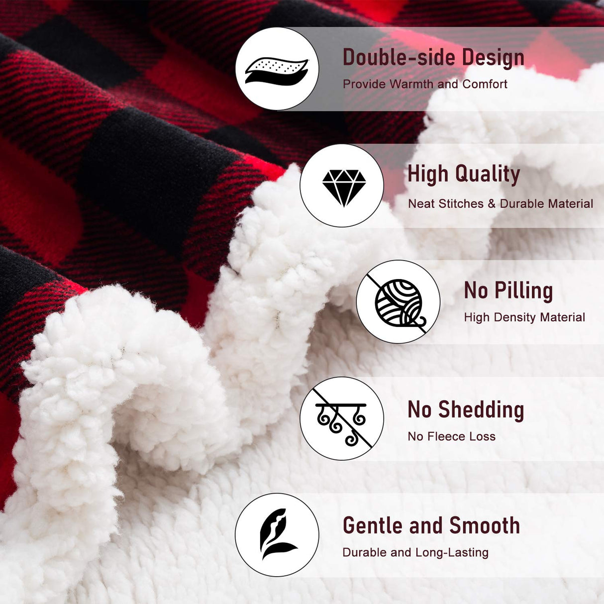 BEAUTEX Christmas Sherpa Fleece Throw Blanket, Super Soft Warm Buffalo Plaid Plush Blankets and Throws, Warm Winter Cozy Fuzzy Blanket for Couch Sofa Bed (Red, 50" x 60") BEAUTEX