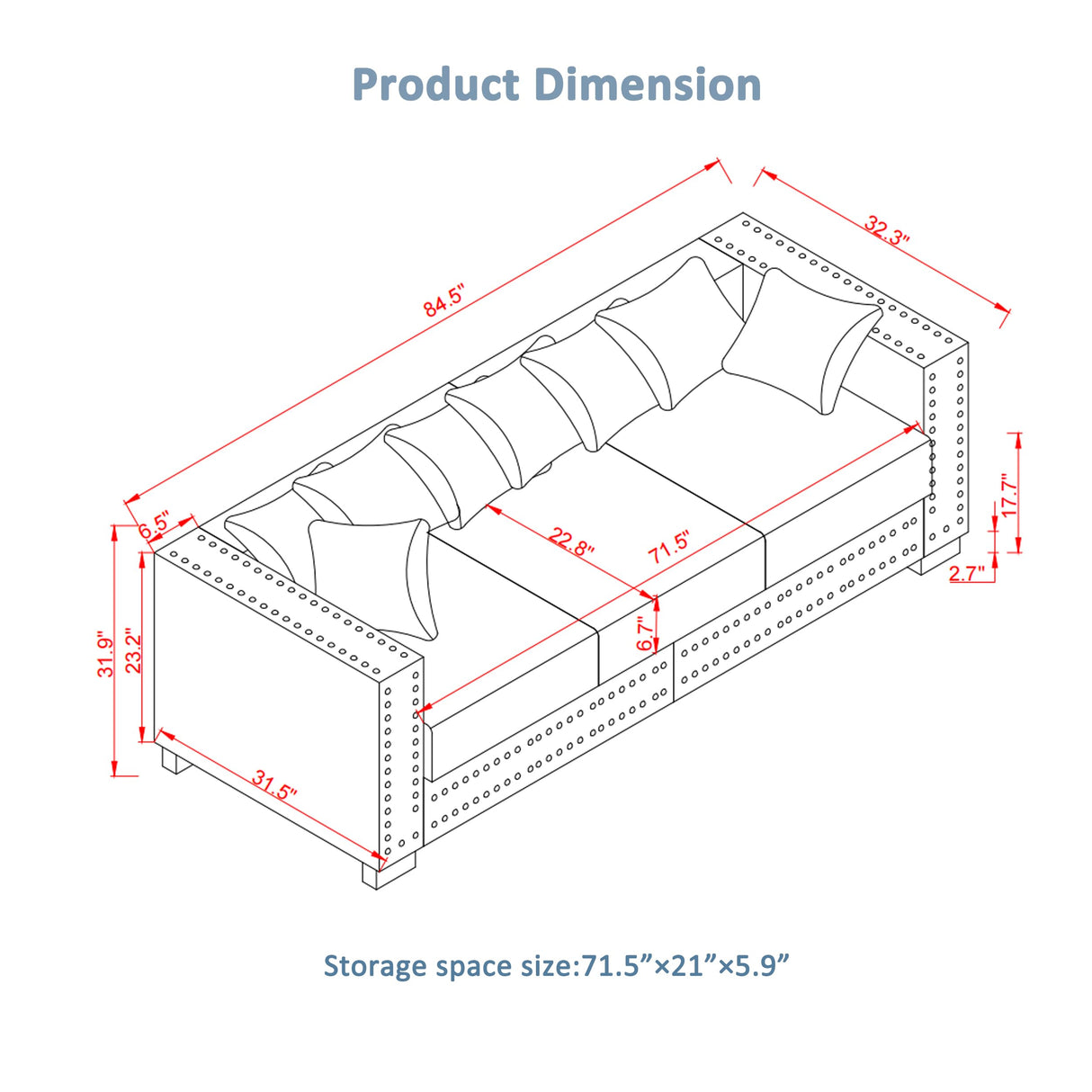 84.5" Wide 3-Seater Velvet Sofa with Storage, Mid Century Modern Chesterfield Couch, Upholstered Love Seat with Deep Seat & Retro Trim Gray Velvet Couch for Living Room, Office, Apartment (Grey) SLEERWAY