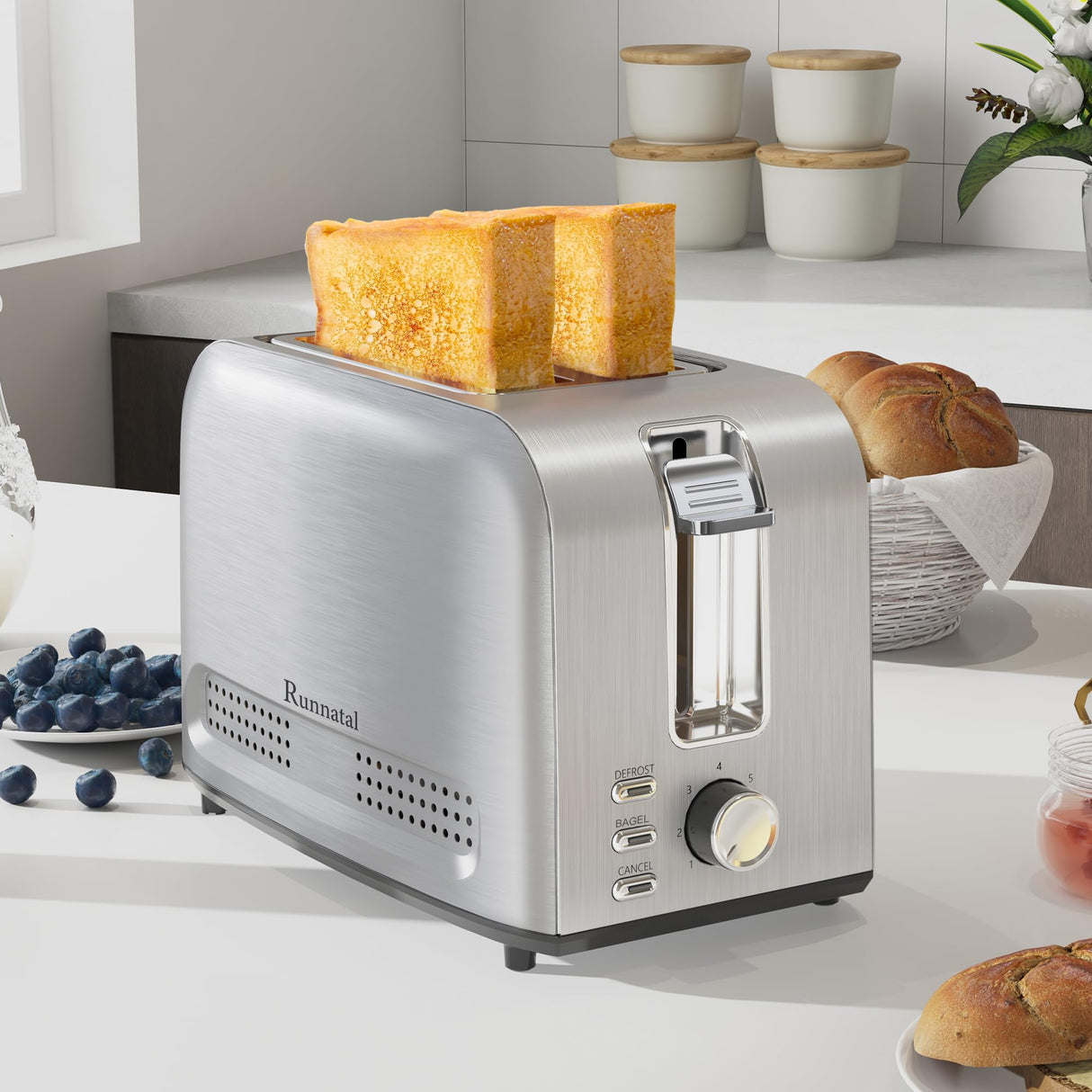 Runnatal 2 Slice Toaster, 100% Stainless Steel, Wide Slot Toaster Multifunctional with 7 Toast Settings, Defrost, BAGEL, Cancel Functions, Easy to Operate and Clean 120V 800W Silver Metallic Runnatal