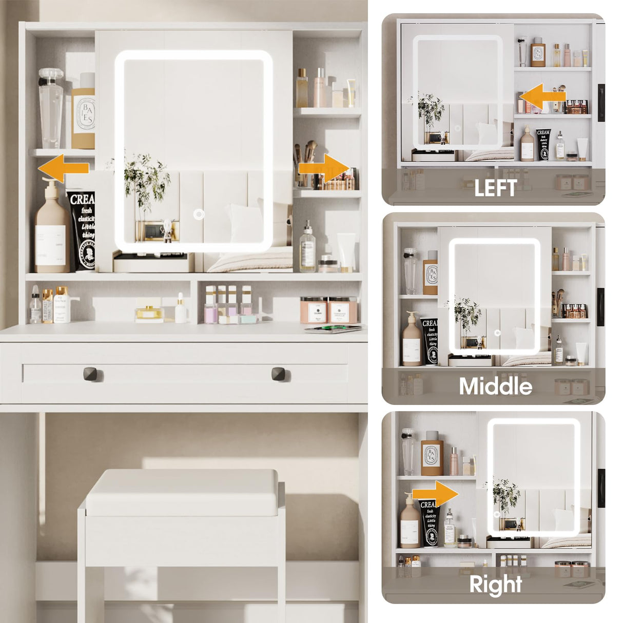 Fameill Vanity Desk with Mirror and Lights, Makeup Vanity Desk with Power Outlet, 2 Drawers & Storage, Vanity Table with Chair & Jewelry Cabinet, for Bedroom (White) Fameill