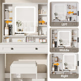 Fameill Vanity Desk with Mirror and Lights, Makeup Vanity Desk with Power Outlet, 2 Drawers & Storage, Vanity Table with Chair & Jewelry Cabinet, for Bedroom (White) Fameill