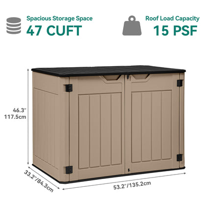 YITAHOME Large Outdoor Horizontal Storage Shed, 47 cu ft Resin Tool Shed w/o Shelf, Outdoor Waterproof Storage with Floor for Trash Cans, Garden Tools, Lawn Mower, Lockable, 4.5x2.8x3.9 ft, Brown