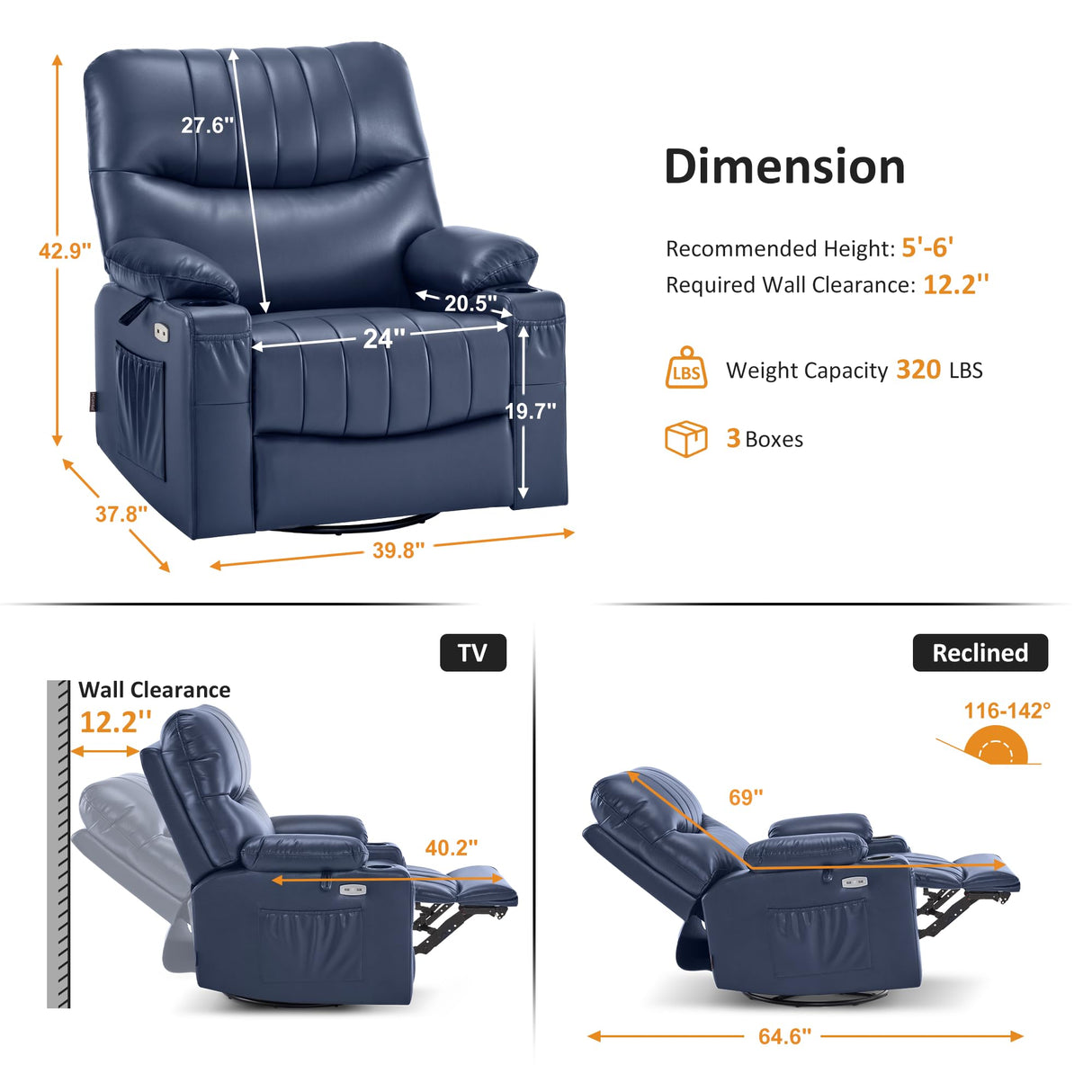 MCombo Oversized Swivel Glider Rocker Power Recliner Chair for Living Room with Heat and Vibration Massage, USB Ports, Cup Holders and Pockets, Faux Leather 7785 (Navy Blue) MCombo