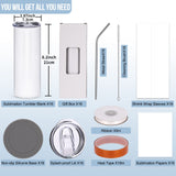 Sublimation Tumblers bulk 20 OZ Skinny Stainless Steel Double Wall Insulated Straight Sublimation Cups 16 Pack Blanks White Tumbler with Lid,Straw,Heat Resistant Tape&Shrink Sleeves,Individually Boxed Dmsky
