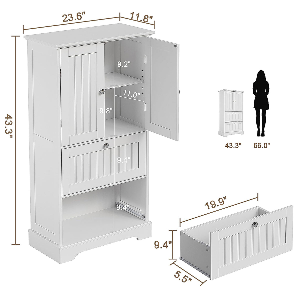 Treocho Bathroom Floor Cabinet, White Bathroom Storage Cabinet with Drawers and Adjustable Shelf, Freestanding Kitchen Pantry Cupboard with 2 Doors for Living Room Treocho