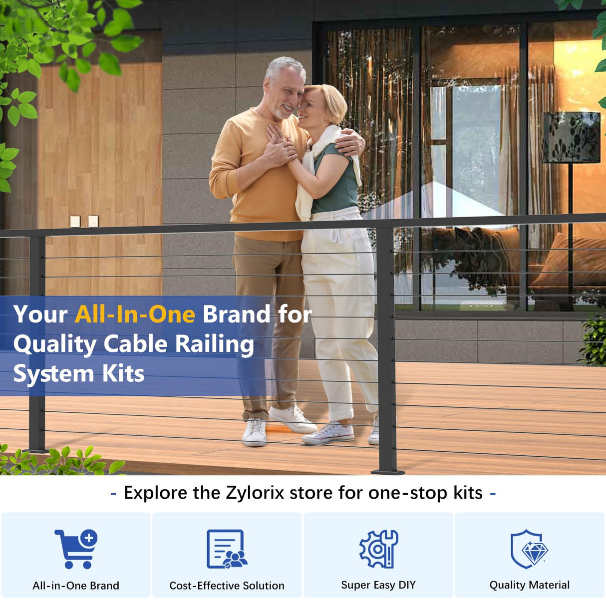 Zylorix 36" One-Stop Black T304 Cable Railing Posts Kit(Flexible DIY), Include 4Pack Level Drilled Line Posts, 177ft 1/8" Wire Rope, Complete Cable Railing System DIY Kit with Cutter(No Handrail) Zylorix