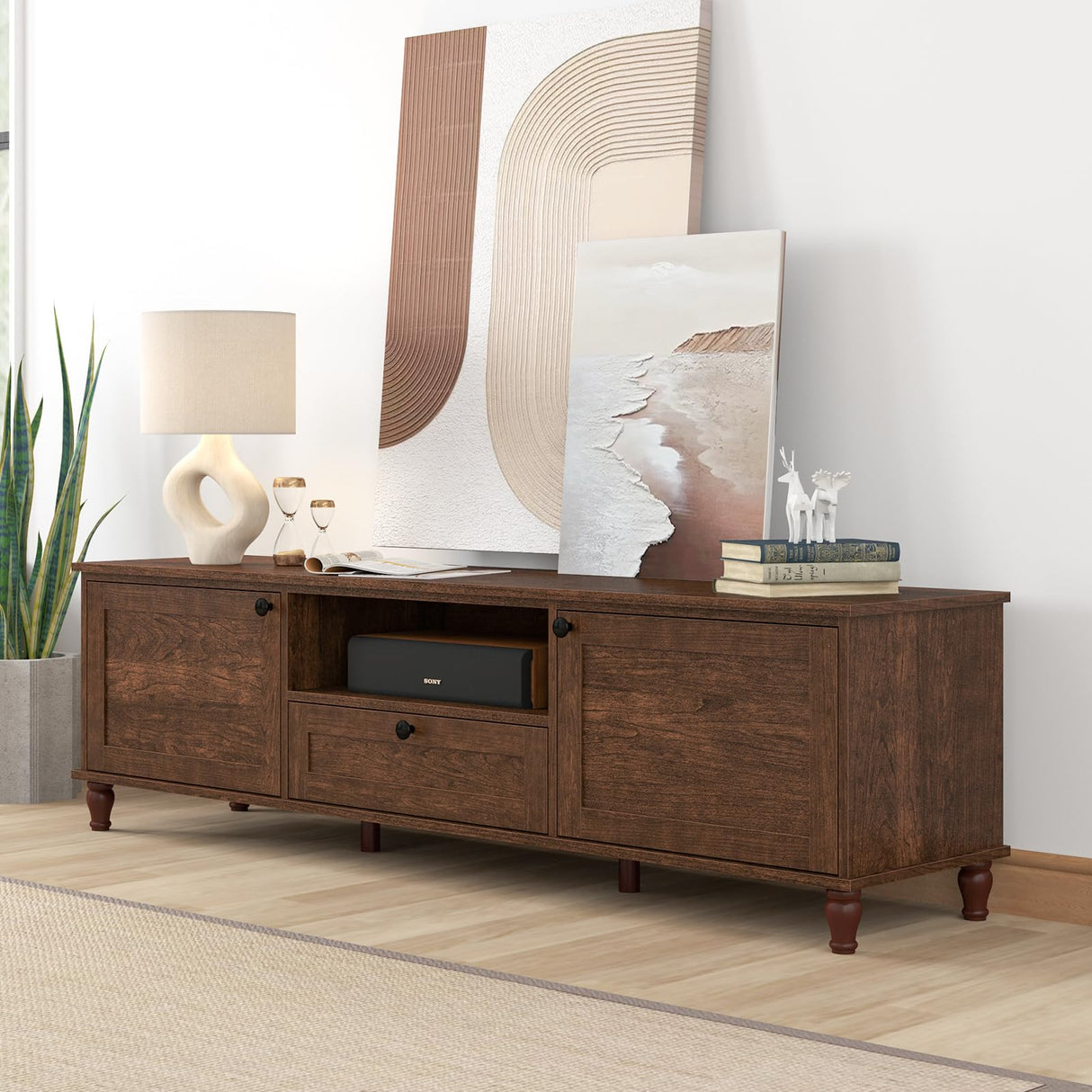 ANJ TV Stand for 75 inch TV, Mid-Century Modern TV Console with Storage Cabinet, Wooden Television Furniture for Living Room, Entertainment Center with Ample Large Storage Space ANJ