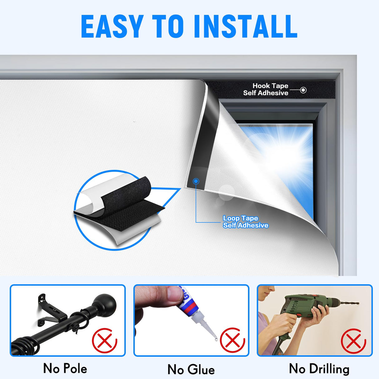 Blackout Curtains for Bedroom, Self Adhesive Indoor Blackout Blinds, No Drilling or Tools, UV Protection, Portable Roller Window Shades for Living Room Office or RV Travel (36" W × 72" H, White) Hezbjiti