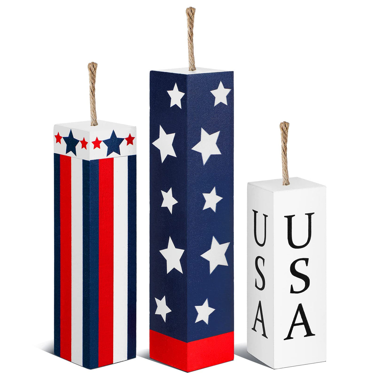 Amyhill 3 Pcs 4th of July Wooden Table Decorations Patriotic Table Centerpieces Independence Day Wood Firework Fourth of July Table Signs for Home Farmhouse Decor(Flag) Amyhill