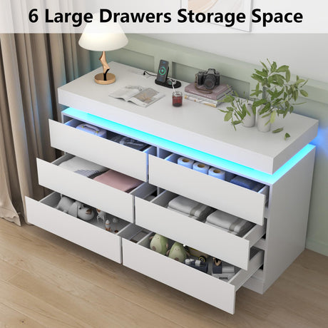 Gyfimoie 6 Drawer Dresser with Power Outlet, White Dresser with LED Light, Modern Chest of Drawers for Closet, Double Wide Drawer Organizer Cabinet for Bedroom, Living Room, Entryway, Hallway (White) Gyfimoie